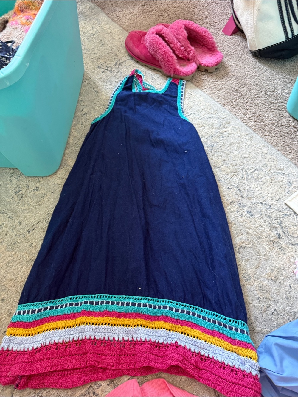 Navy Halter Maxi Dress with Bright Crochet Trim